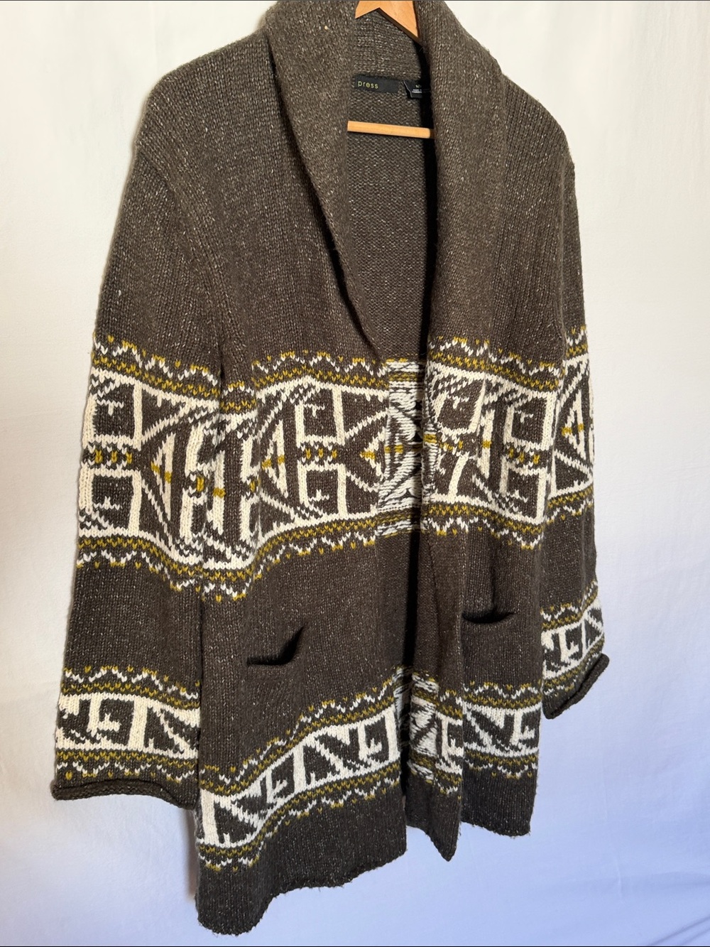 Shawl-Collar Patterned Knit Vest - Brown Ivory